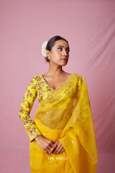 Tara Yellow Printed Hand-Embroidered silk blouse